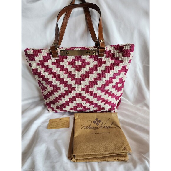 Patricia Nash Chennai Hand Woven Loom Tote Bag Purse Shopper Beach Magenta White - Picture 1 of 16